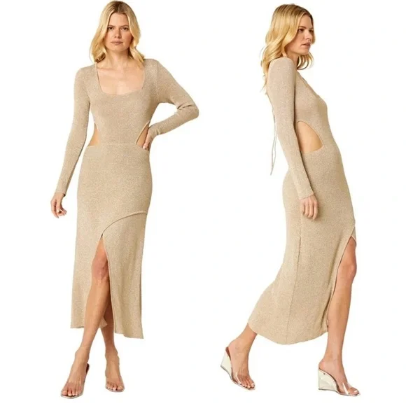 dark green dress with gold shoes Biot Brown Metallic Knit V-Neck Gold Button-Down Dress I Moeva main image 0